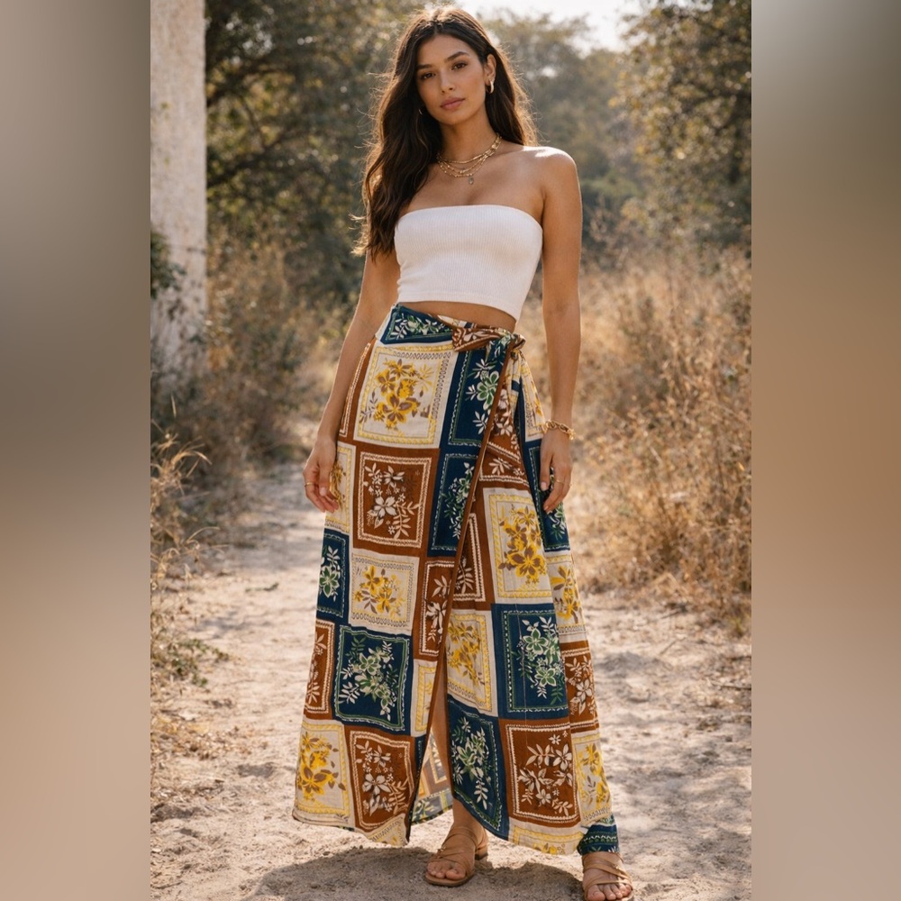 House of Harlow 1960 Patchwork Maxi Skirt in Navy, Brown, Yellow